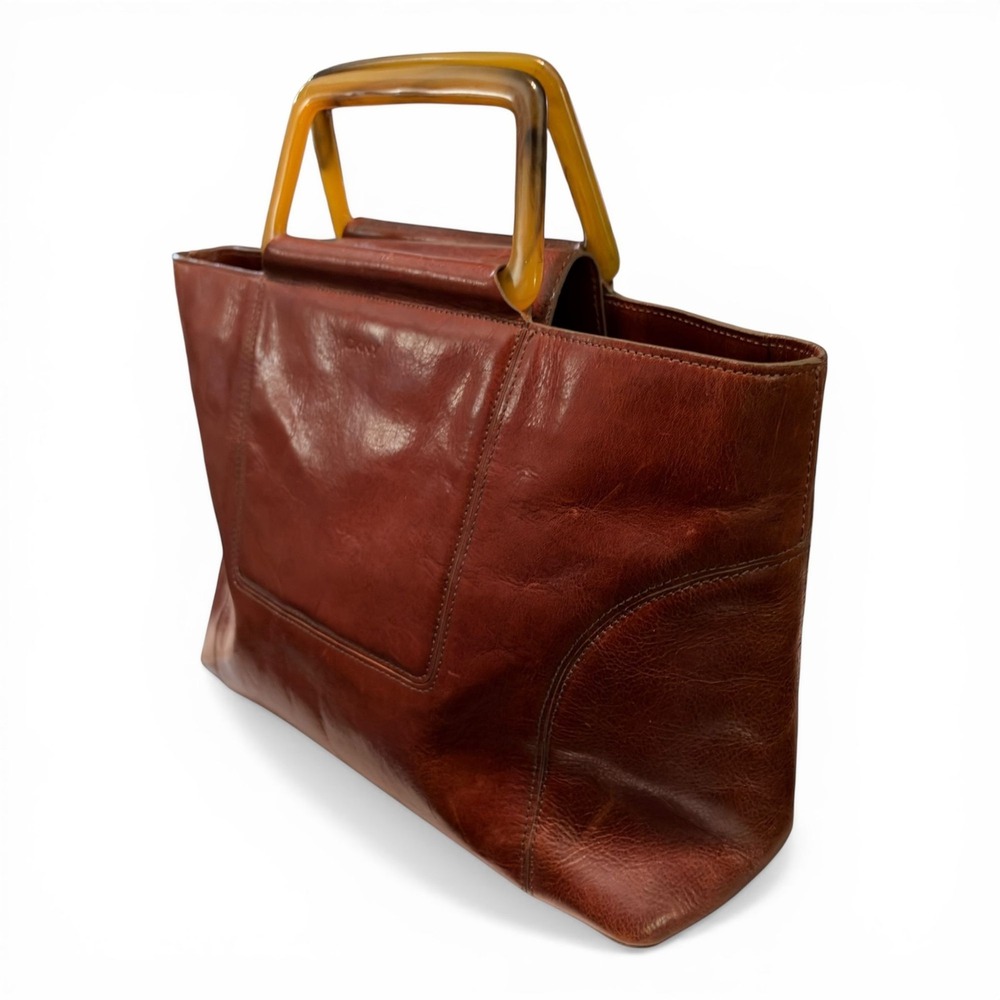 Vintage 90s DKNY Chocolate Brown Leather Tote Amber Lucite Handle Bag Y2K MCM Er
